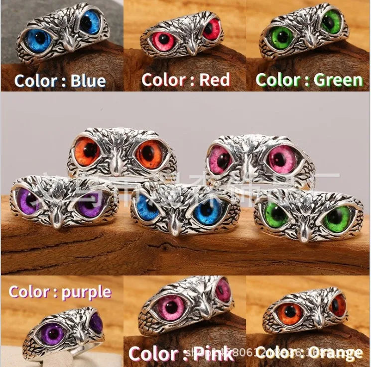 Charming Owl Rings - Multicolor Eyes, Silvery Punk Gothic Design, Adjustable and Resizable for Men and Women, Jewelry Gift