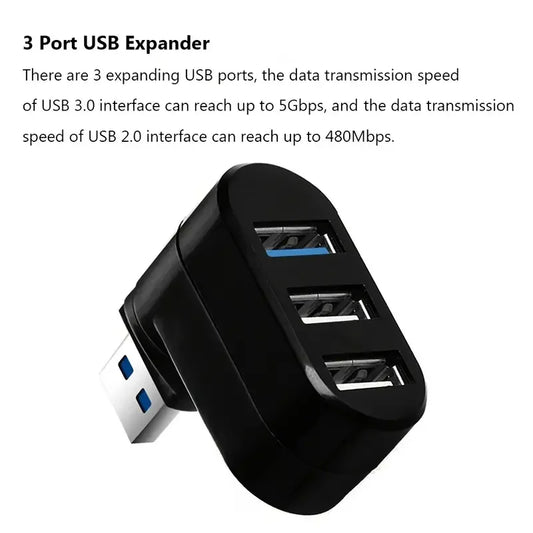 Universal Mini Rotatable USB Hub – 3 Ports (USB 3.0+2.0), High-Speed Data Transfer Splitter Adapter for Laptop, MacBook, Computer PC