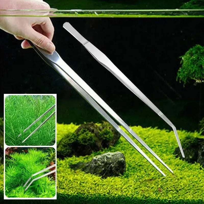 Aquarium Tweezers Set: Straight & Elbow Coral Water Grass Clip for Pet Shrimp, Reef Maintenance - Fish Tank Cleaning Tools