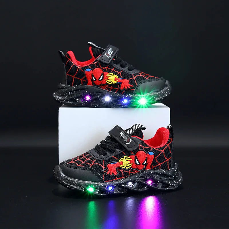 Disney LED Casual Sneakers – Red & Black Spiderman Mesh Outdoor Shoes for Boys, Lighted & Non-Slip, Sizes 21-30