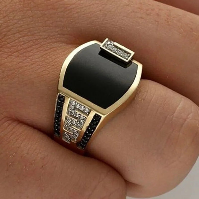 Classic Men's Gold Color Ring with Black Stone Zircon Inlay - Fashion Metal Punk Ring for Engagement and Wedding