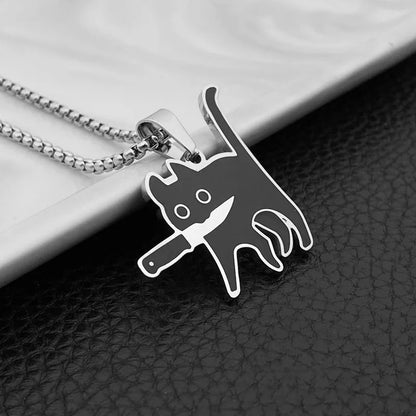 Hip Hop Fashion Knife Cat Necklace - Black Cat Pendant for Women & Men, Kpop Style, Sweater Chain Jewelry, Party Gift  2023