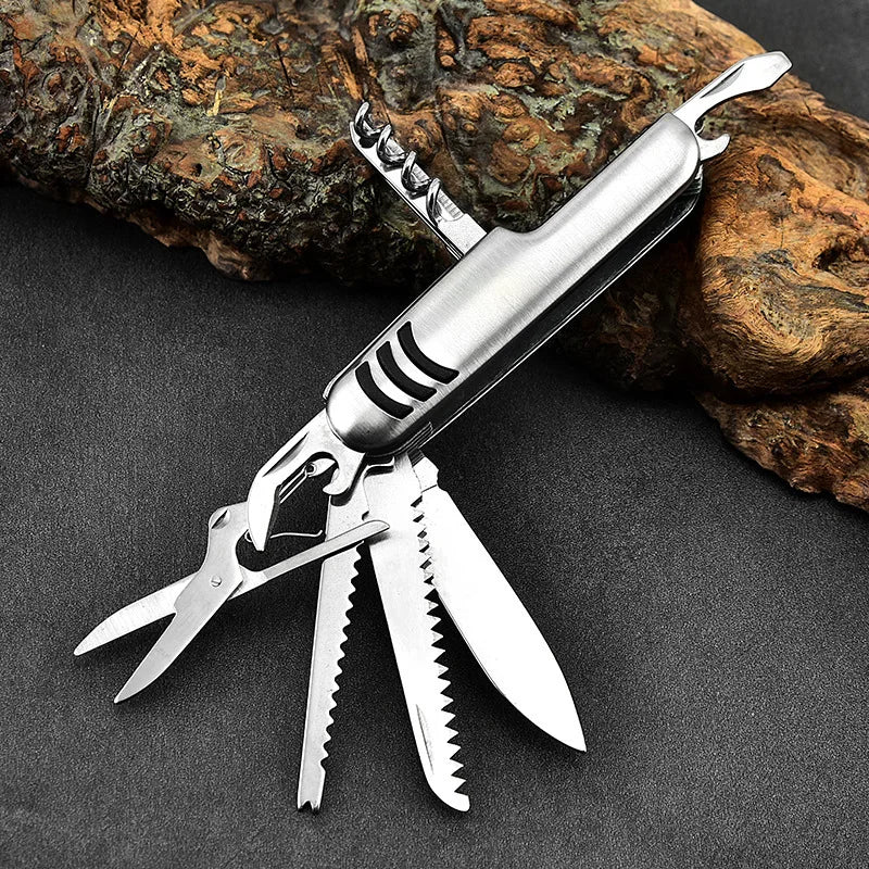 Portable 11 in 1 Multifunction Pocket Knife - Stainless Steel Outdoor Emergency Tool with Bottle Opener and Cork Drill