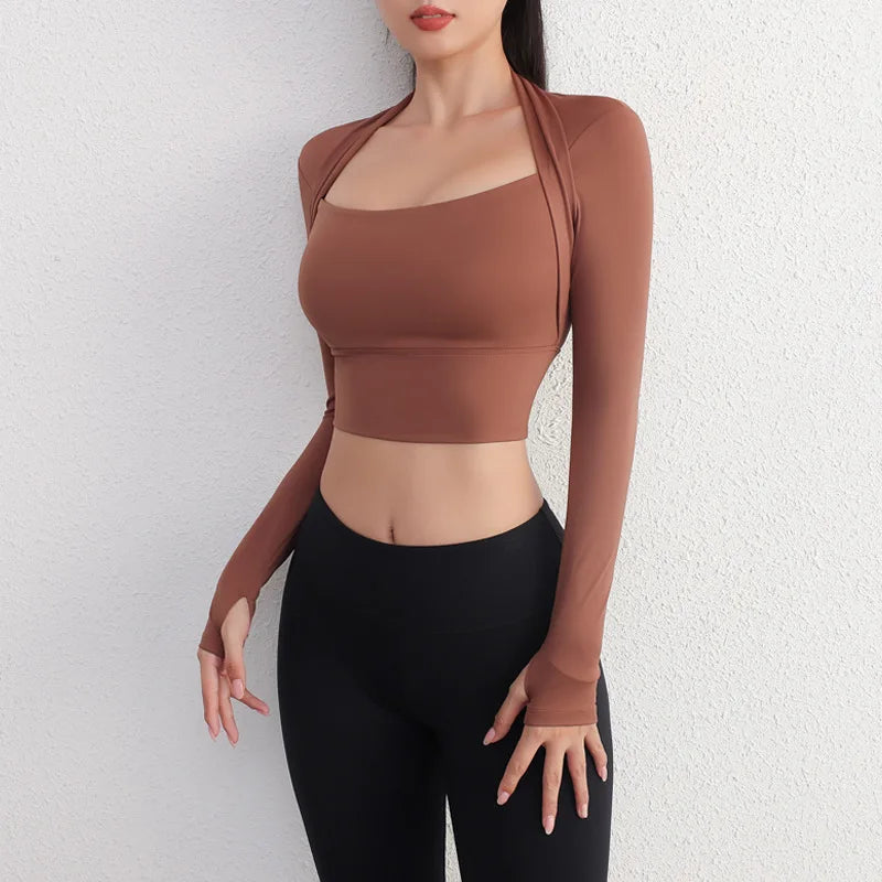 Aiithuug Long Sleeve Padded Yoga Crop Tops - Low Cut Gym Shirts with Insert Pads, Slim Fit Workout Gym Tops for Sexy Sports