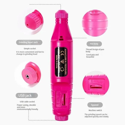 Fuchsia Pink USB Electric Nail Drills Kit - Manicure Pedicure Nail File Sanding Bands Machine with Nail Art Pen