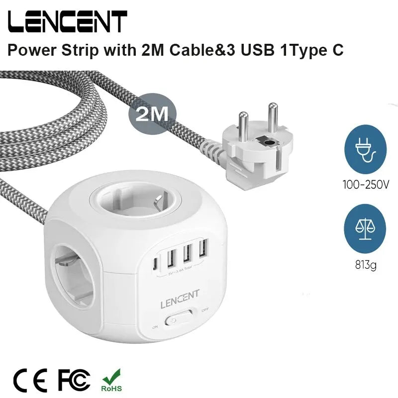 LENCENT EU Plug Power Strip - 4 AC Outlets, 3 USB Ports, 1 Type C, 2M/3M Braided Cable - Multi Socket with Switch for Home