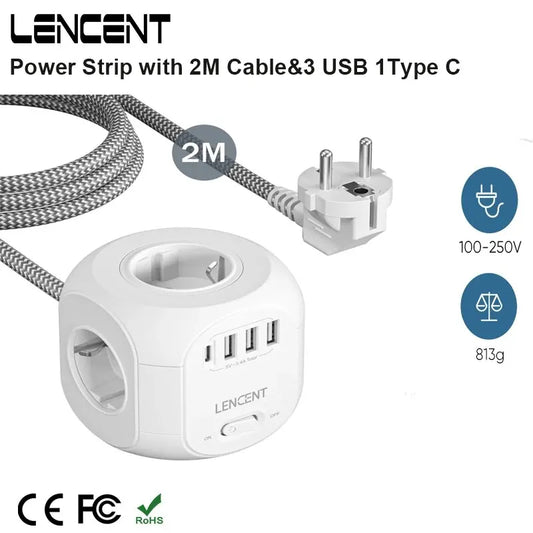 LENCENT EU Plug Power Strip - 4 AC Outlets, 3 USB Ports, 1 Type C, 2M/3M Braided Cable - Multi Socket with Switch for Home