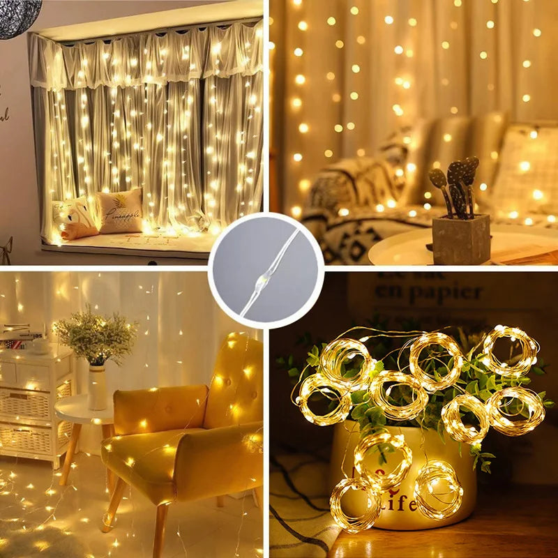 LED Curtain String Lights – Christmas Garland Fairy Light with 8 Modes, USB Remote Control for Wedding, Holiday and Home Decor