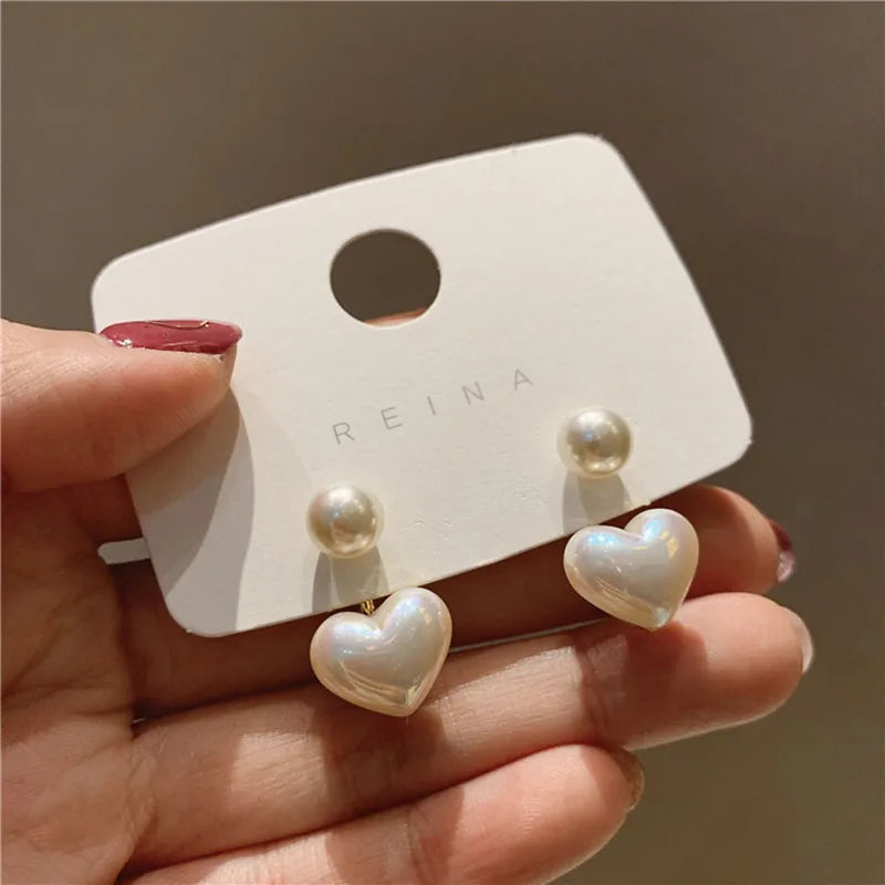 Imitation Pearl Heart and Round Stud Earrings for Women - Elegant Love Ear Studs for Party, Wedding, Valentine's Day Gifts