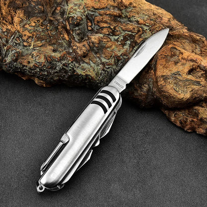 Portable 11 in 1 Multifunction Pocket Knife - Stainless Steel Outdoor Emergency Tool with Bottle Opener and Cork Drill