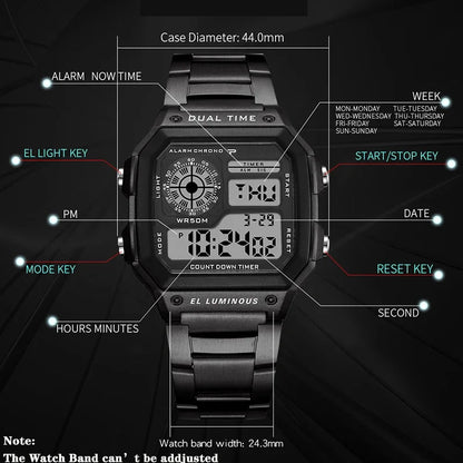 YIKAZE Luxury Stainless Steel Sport Watch – Military Digital, Waterproof LED Wristwatch for Men