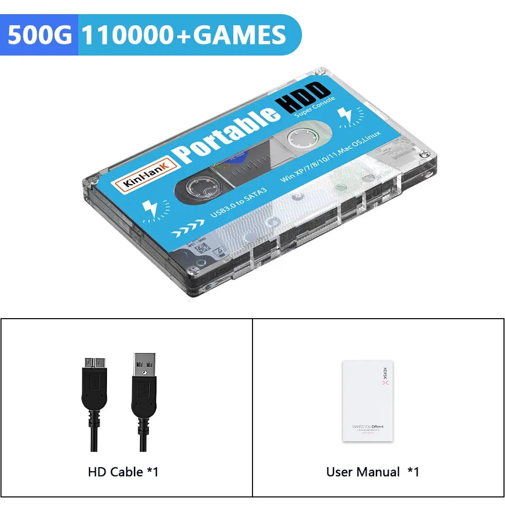 KINHANK Super Console Gaming HDD - 500GB with 100,000 Video Games, 70 Emulators for DC/MAME/SS/NAOMI/PS2/PS1, Plug and Play with Batocera OS