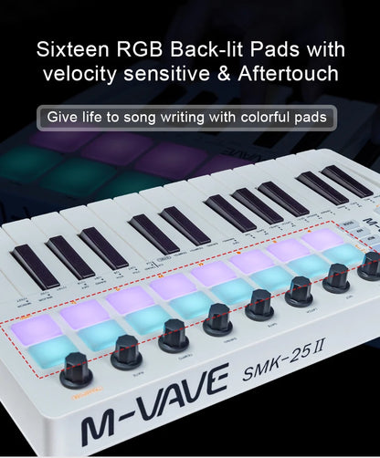 M-VAVE SMK-25 II MIDI Pad Controller - USB Mini 25-Key Keyboard, 16 RGB Drum Pads, 8 Knobs, Music Production Software Included