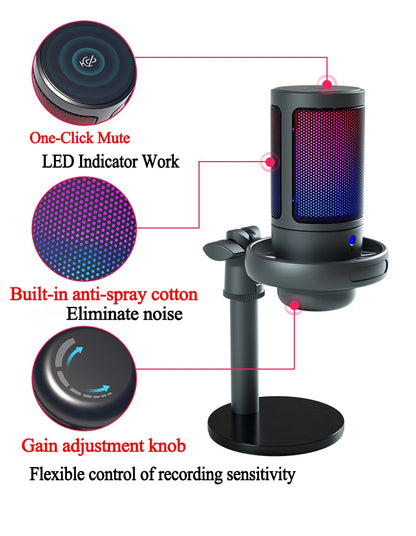 USB Microphone for Recording and Streaming - RGB Hypercardioid Mic with Headphone Output and Touch-Mute Button, Compatible with PC and Mac