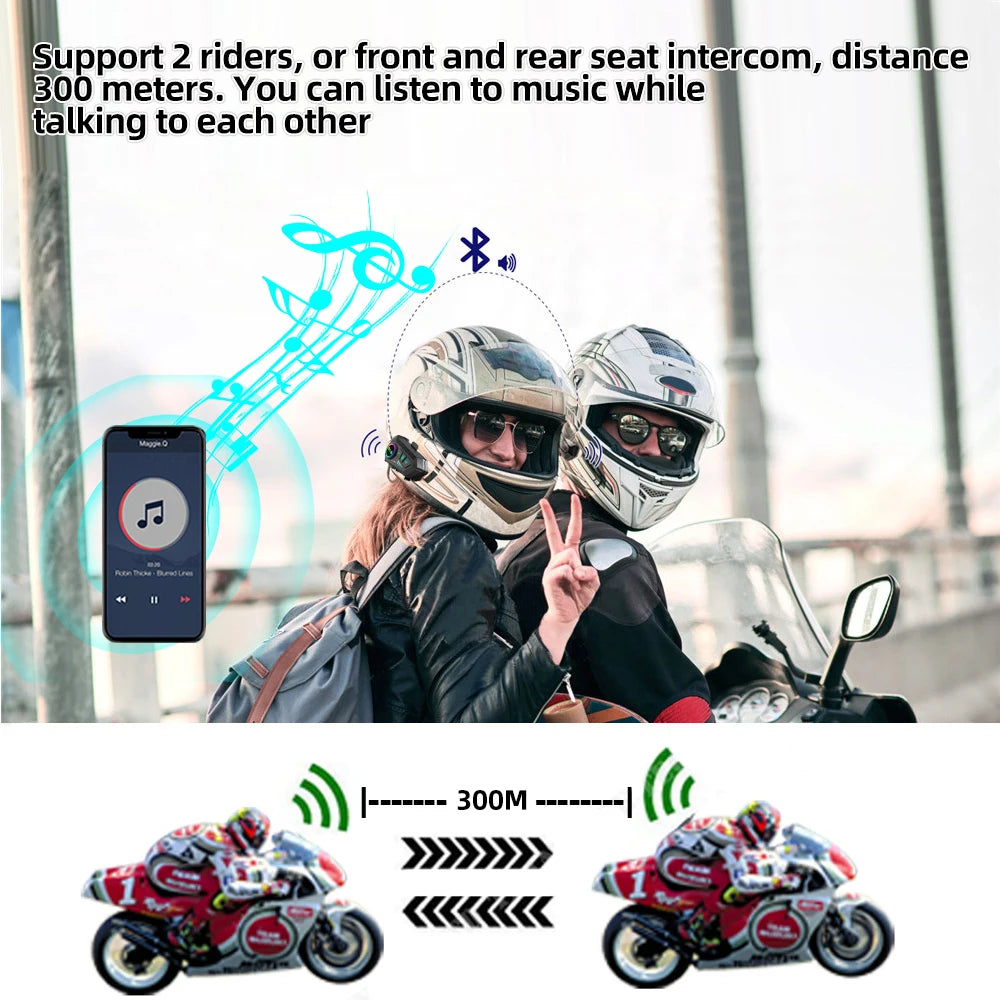 Bluetooth 5.3 Motorcycle Helmet Intercom: Waterproof Intercom Headset with Music Playback - Available in 1 or 2 Pack, 300m Range