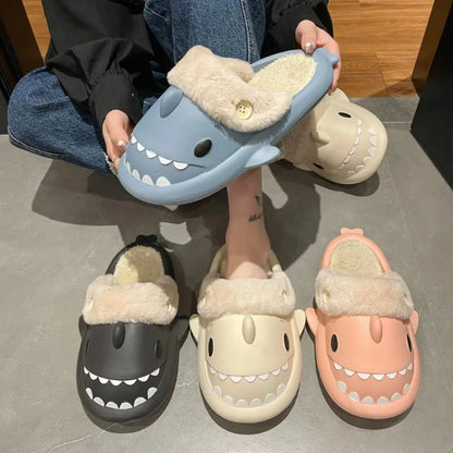 Shark Cotton Slippers for Women – Waterproof Winter Indoor Non-Slip Plush Warm Home Sandals, Flat Shark Flip Flops for Couples