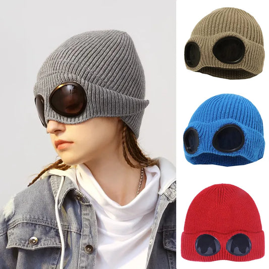 Winter Brimless Hat with Goggles: Unisex Solid Color Skull Knitted Headwear for Cold Weather