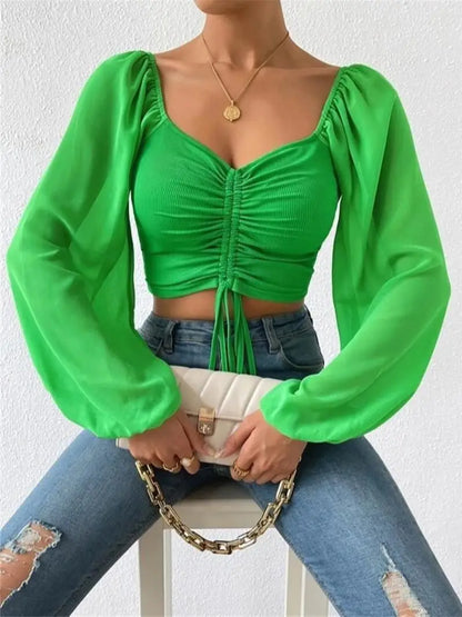 Fashion Forward: Women's Puff Sleeve Lace-Up V-Neck Top - Sexy Close-Fitting Summer/Spring Fashion, Solid Color Long Sleeve