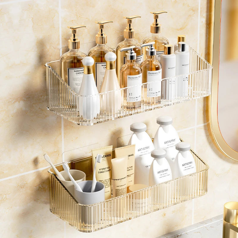 Wall Mounted Cosmetics Storage Rack - No Hole Plastic Corner Shelf Organizer for Bathroom Accessories