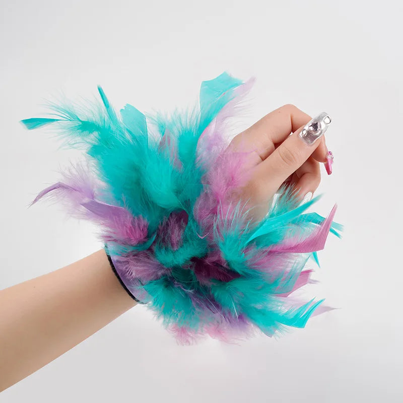 Natural Fur Feather Cuffs - Sexy Snap Bracelet Sleeves with Feathers for Women - Removable Wrist Arm Shirt Accessory