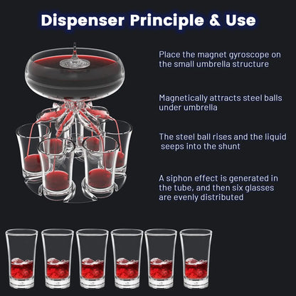 Party Drink Shot Dispenser Set with 6 Shot Glasses in Acrylic Holder - Perfect for Family Gatherings and Bar Drinking Games