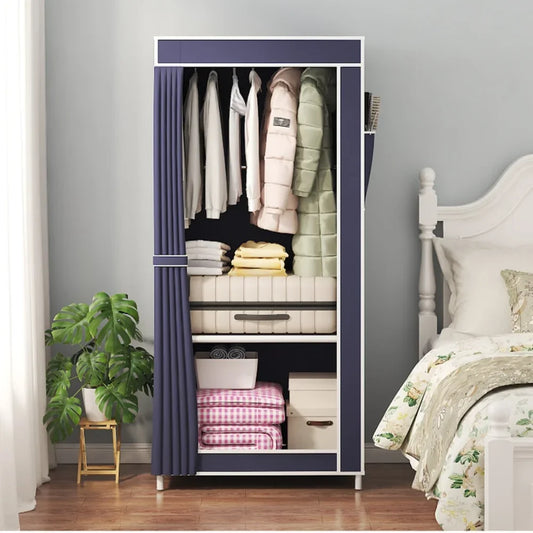 Minimalist Fabric Wardrobe - Foldable Plastic Storage Cabinet with Curtains and Clothing Hanger, Dust-Proof Design