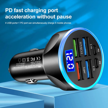 250W PD Car Charger - QC3.0 Fast Charge, 5-Port Cigarette Lighter Plug with Digital Display, Flash Charge