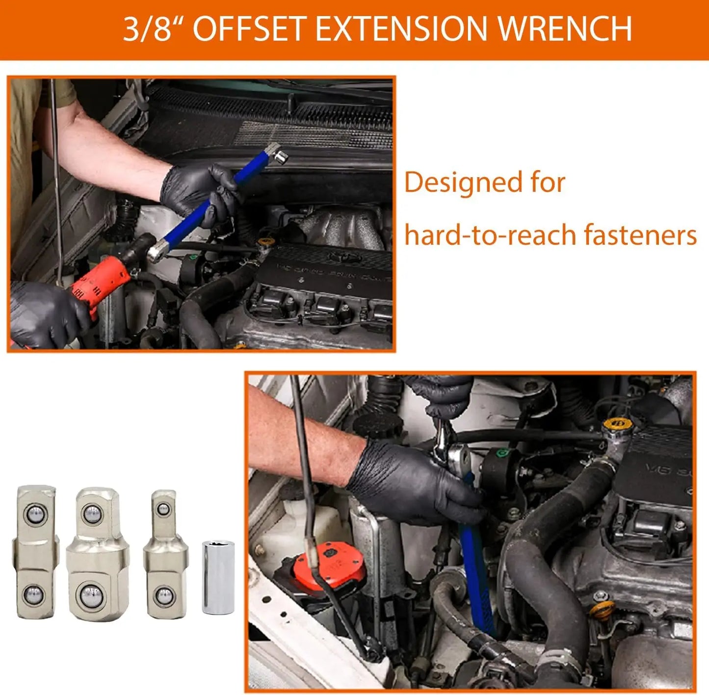 Offset Extension Wrench - Tight Spaces Tool with 1/2", 1/4", and 3/8" Drive Adapters - Universal Extension Tool