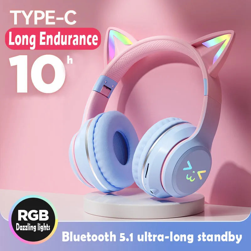 RGB Light Cat's Ears TWS Headset: Gradient Smile Face Headphone - Pink Little Girl Earphone Gift for Any Phone