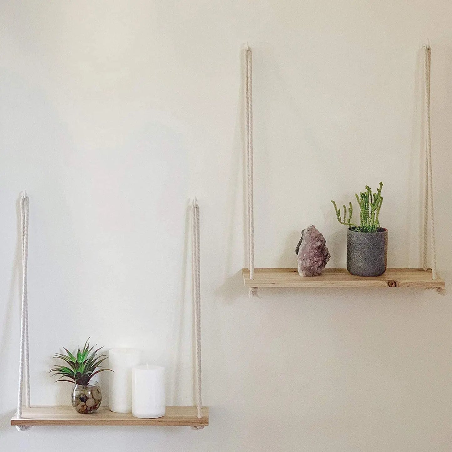 Wooden Rope Swing Wall Hanging Plant Tray | Floating Wall Shelves for Flowers | Nordic Home Decoration with Modern Simple Design