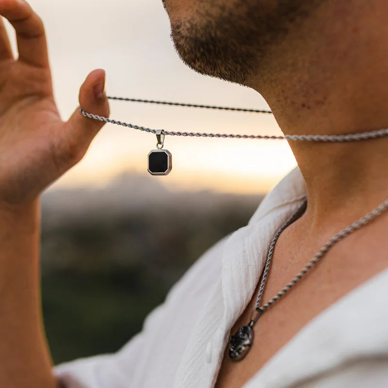 Vnox Geometric Square Necklace for Men - Enamel Pendant with Rope, Cuban Figaro Box Chain, Casual Vintage Style