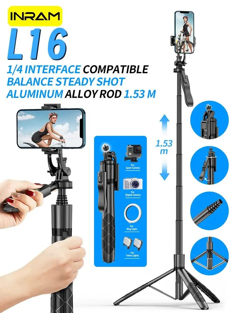 INRAM-L16 Wireless Selfie Stick Tripod: Foldable Monopod for GoPro, Action Cameras, Smartphones - Balance Steady Shooting Live