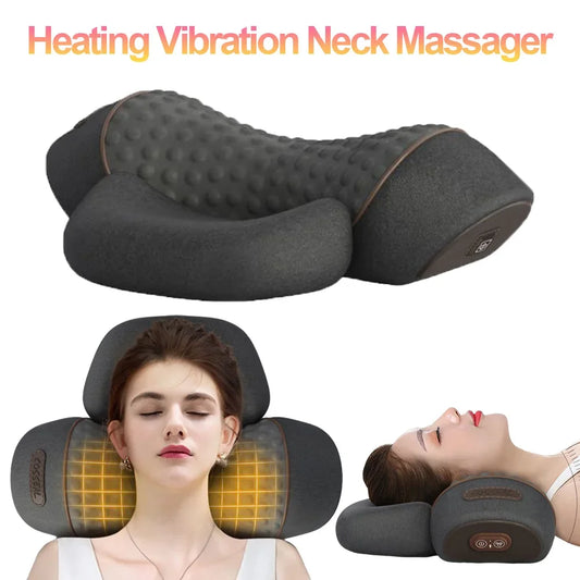 Electric Cervical Pillow Massager - Hot Compress Vibration Massage for Neck Traction - Memory Foam Pillow for Spine Support and Relaxing Sleep