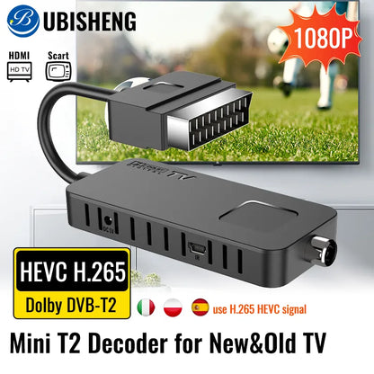 UBISHENG HD DVB-T2 PVR TV Tuner - Digital Terrestrial Decoder DVB T2 H265 HEVC Scart TV Receiver with 2-in-1 Remote Control