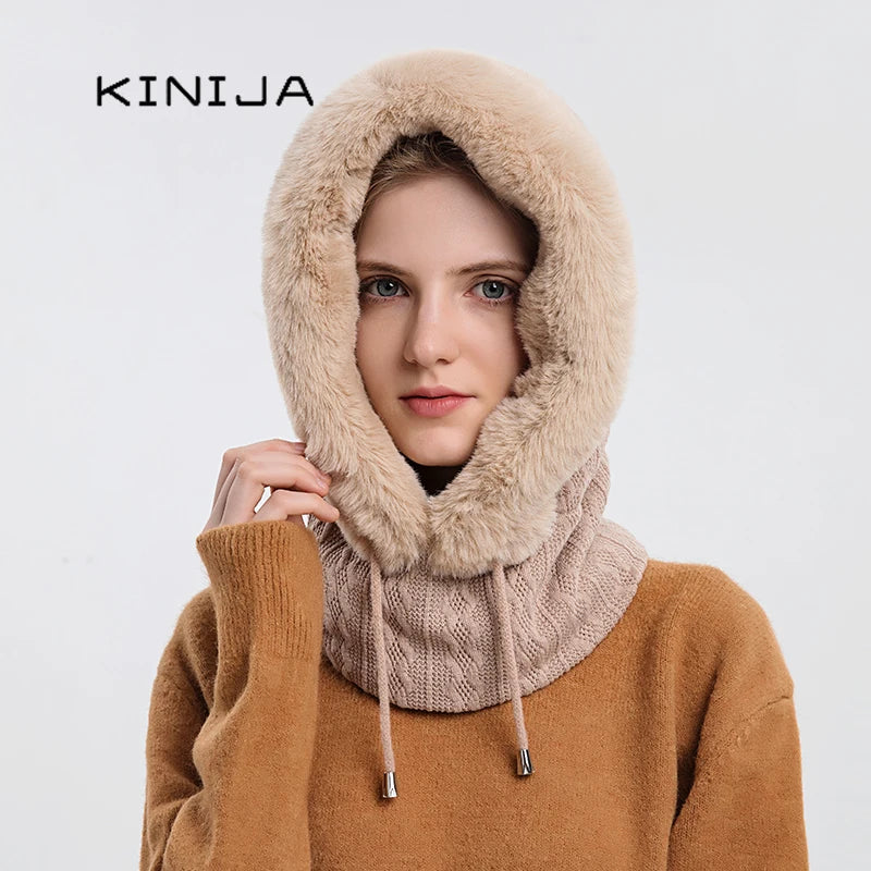 Winter Fur Cap and Mask Set for Women - Hooded Knitted Cashmere Balaclava with Plush Beanies, Windproof and Neck Warm