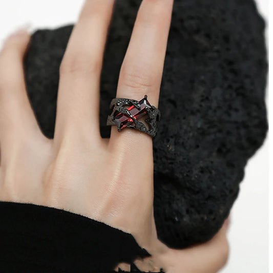 2023 Punk Black Thorns Vine Rings - Hollow Unisex Couple Finger Ring with Red Rhinestones, Jewelry Gift for Men and Women