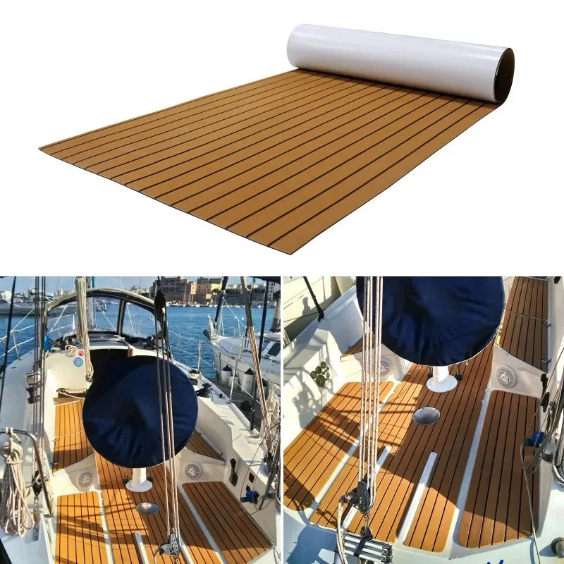 2.4m Self-Adhesive EVA Foam Boat Marine Flooring - Faux Teak Decking Sheet, Striped Yacht Mat in 8 Styles (Brown, Gray, Gold, Black)