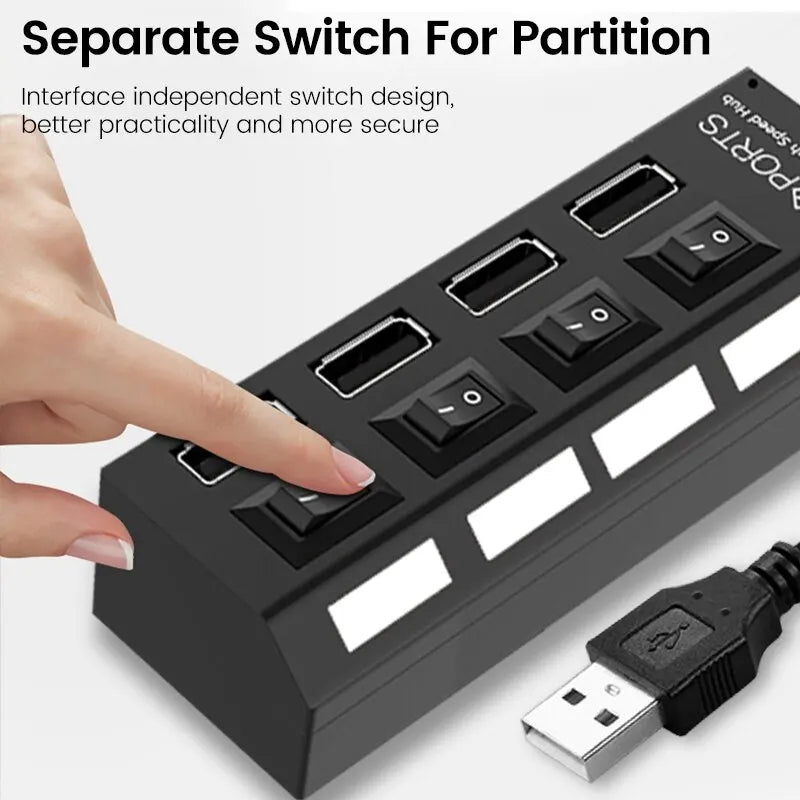 USB 2.0 Hub - Multi USB Splitter Ports Hub with Power Adapter - 4/7 Port Multiple Expander Hub with Switch - 30CM Cable for Home