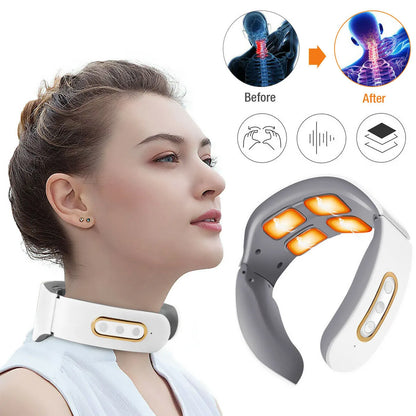 Electric Neck Shoulder Pulse Massager - 4 Head Kneading TENS Magnetic Pulse Heating for Cervical Vertebra Pain Relief