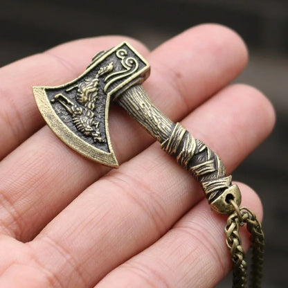 Trendy Retro Viking Tomahawk Pendant Necklace - Double-Sided Crow and Prairie Wolf Charm, Men's Metal Accessory for Parties