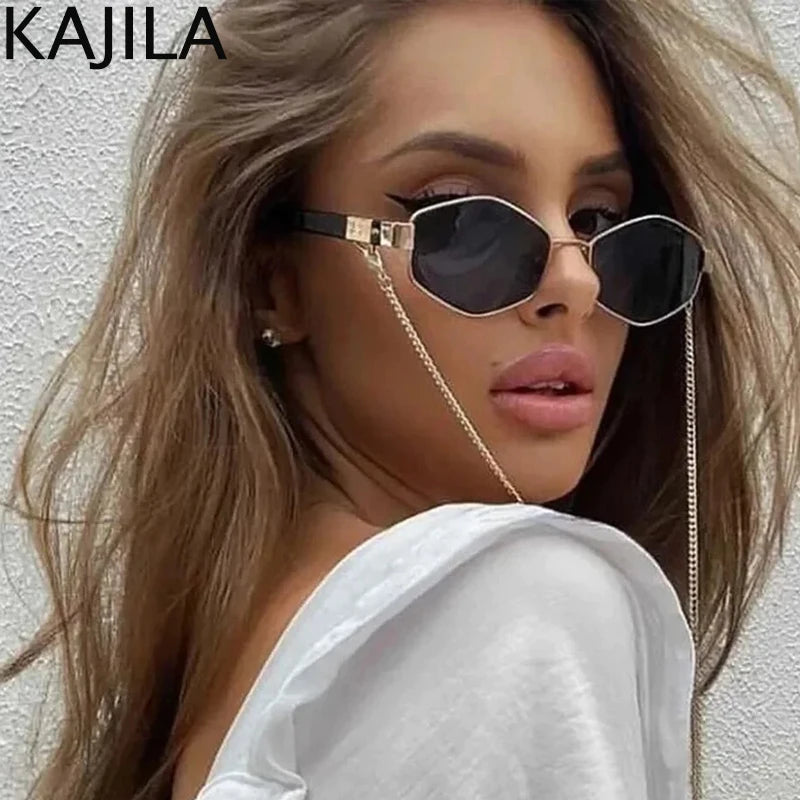 Sexy Small Frame Hexagon Sunglasses for Women - 2024 Luxury Punk Designer Shades with Chain