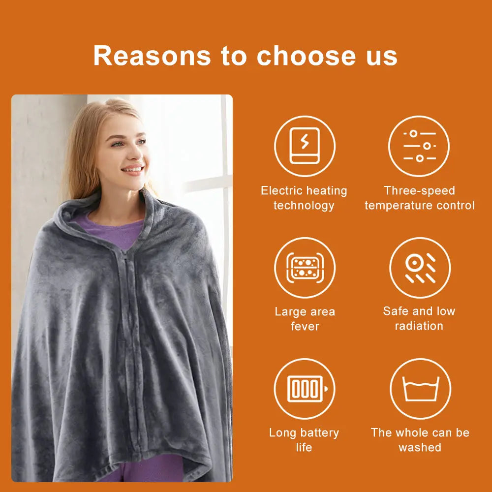 3-Heat Controller Coral Flannel Heated Shawl - 80x150cm Electric Heating Lap Blanket - Warm Winter Cape Blanket