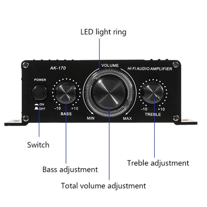 AK170 Mini Digital Power Audio Car Amplifier - 200W x 2 Stereo Amplifier with Blue Light for Home Theater, Club and Party Music