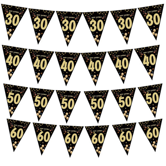 30th, 40th, 50th, 60th Birthday Paper Banner - Happy Birthday Garland for Adult Party Decorations, Black Flags for Anniversaire