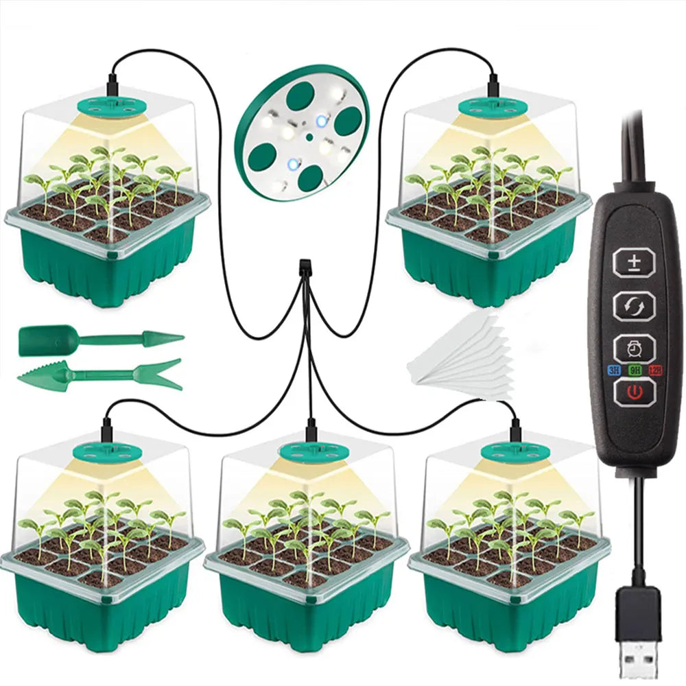 Full Spectrum LED Grow Light with Seedling Tray - Plant Seed Starter Trays for Home Greenhouse, Growing Lamp with Hole, 12 Cells Per Tray