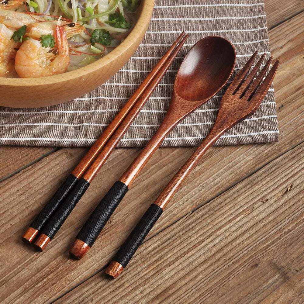 3-Piece Natural Wood Dinnerware Set - Spoon, Chopsticks, Fork - Portable Tableware for Household Kitchen