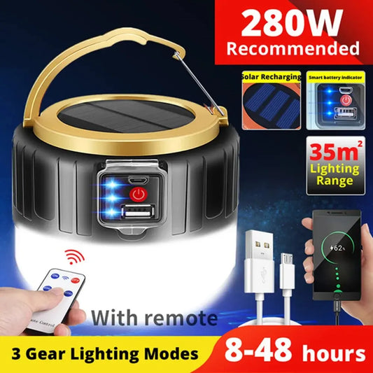 Waterproof Solar LED Camping Light - Rechargeable Tent Lamp, Portable Lanterns for Outdoor Emergency, Energy Saving Bulb