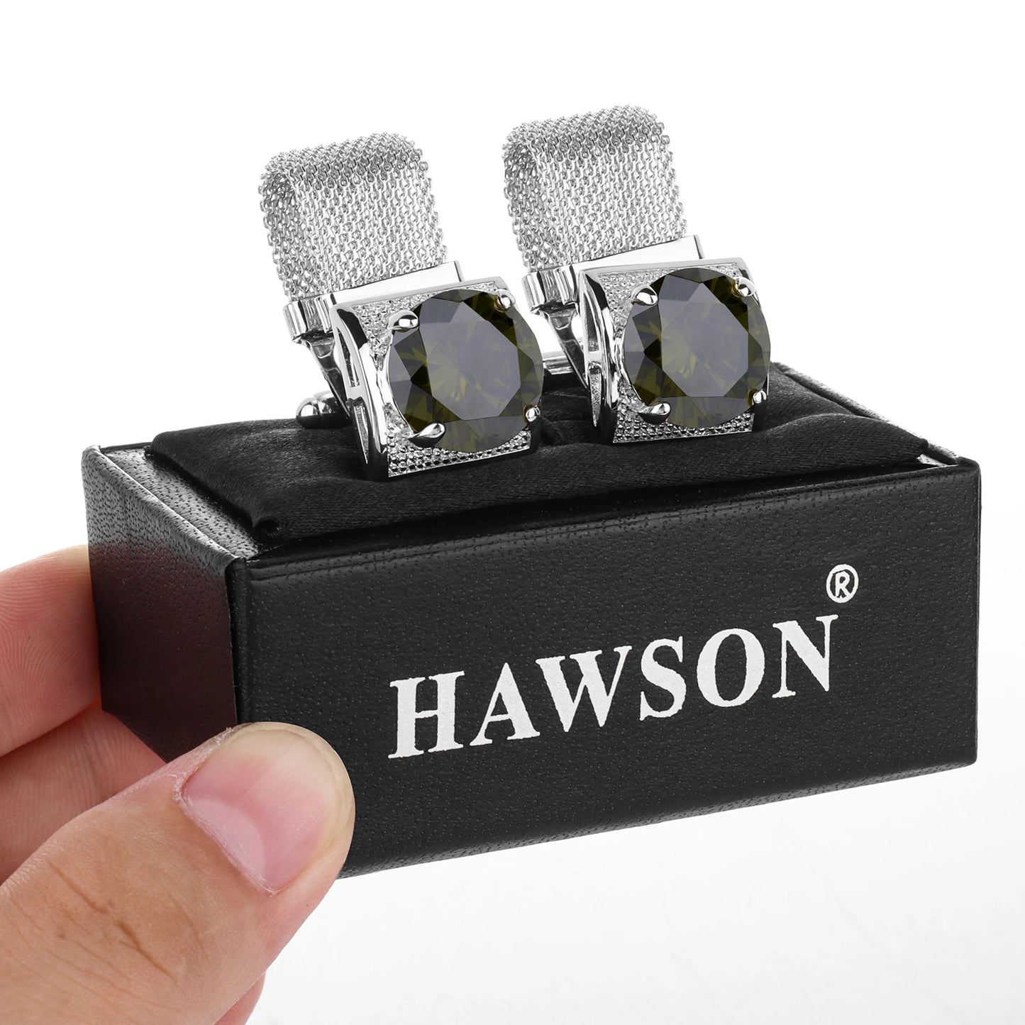 HAWSON Luxury Silver Crystal Cufflinks for Men - Elegant French Shirt Accessories for Wedding and Business