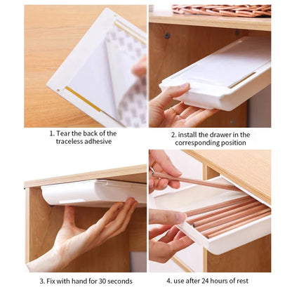 Hidden Storage Box | Self-Adhesive Desk Drawer | Plastic Table Holder for Sundries, Cosmetics & Stationery - Organizer