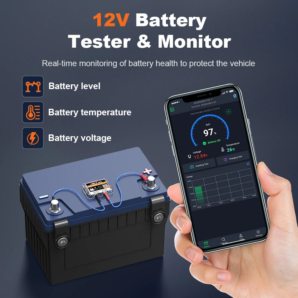 ANCEL BM200 Wireless Bluetooth Car Battery Monitor: 12V Battery Health App for Android & iOS - Battery Tester Tool